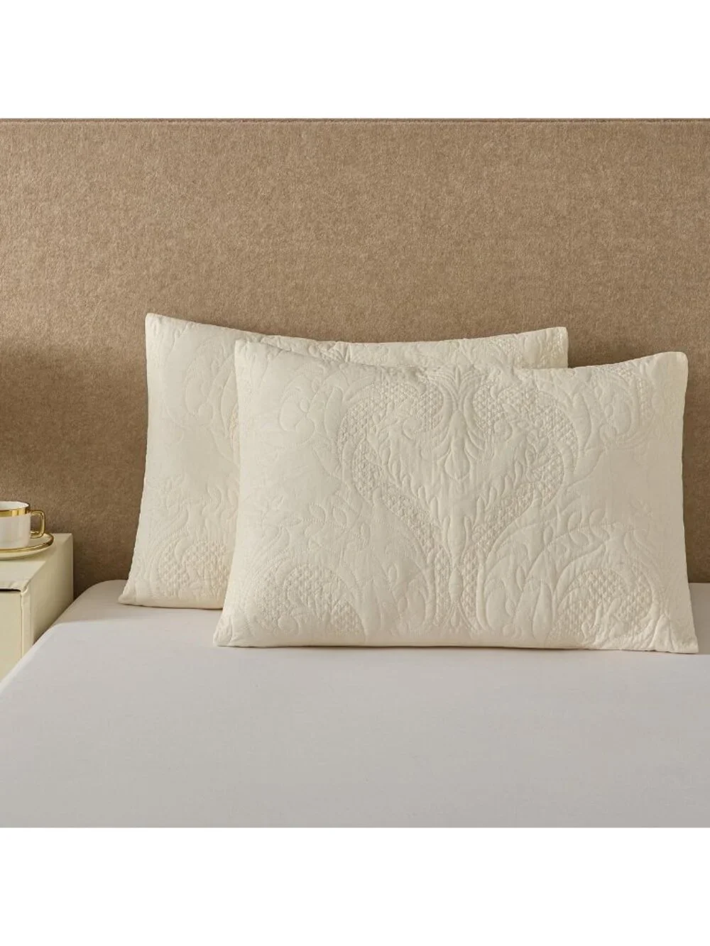 Ivory Damask Quilted Pillow Shams Set of 2 | Embroidered Floral Cotton Cases